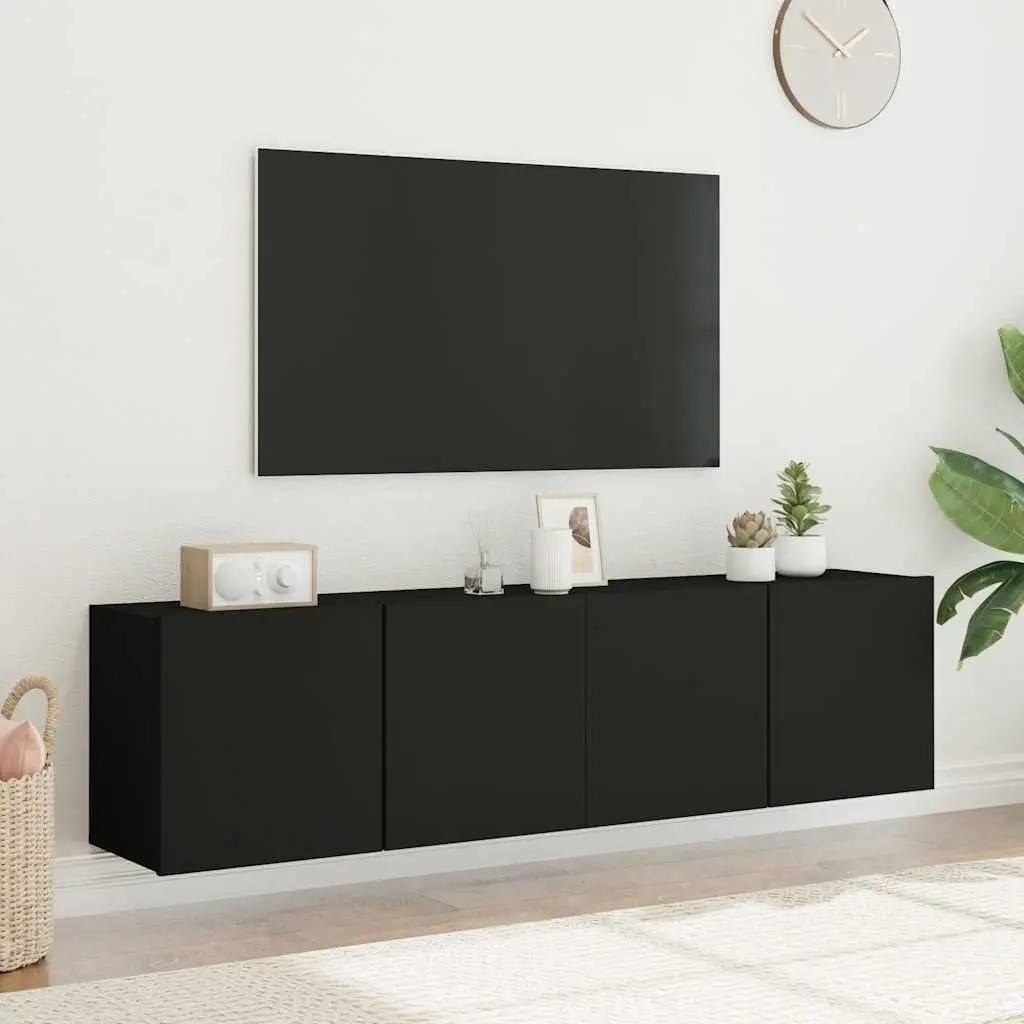 Wall-Mounted TV Cabinet 2 Pieces Black Storage Organiser Media Shelving Unit