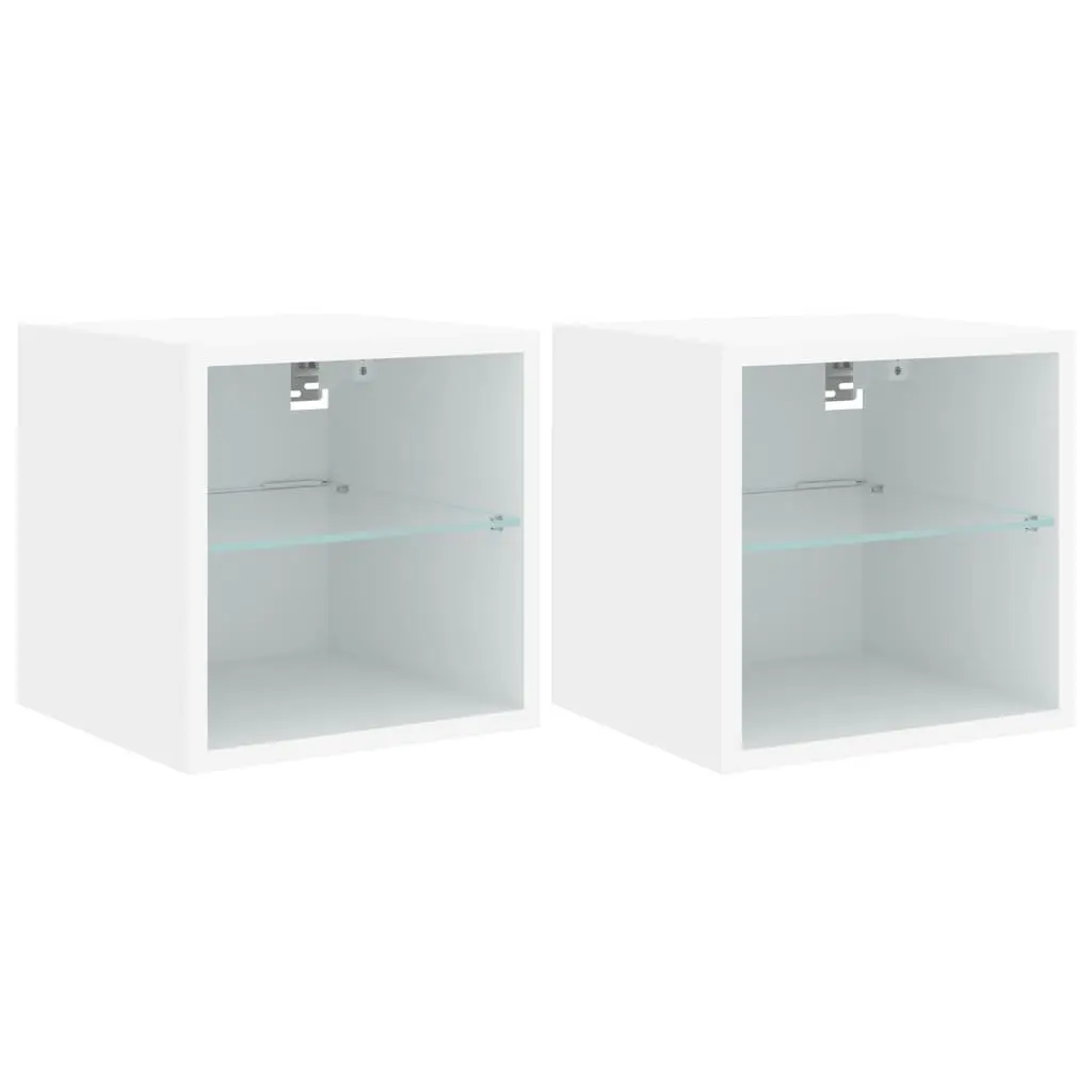 TV Wall Cabinet White Floating Storage Unit with RGB LED Lights 30 x 28.5 x 30 cm Engineered Wood and Glass Shelf 2 Piece