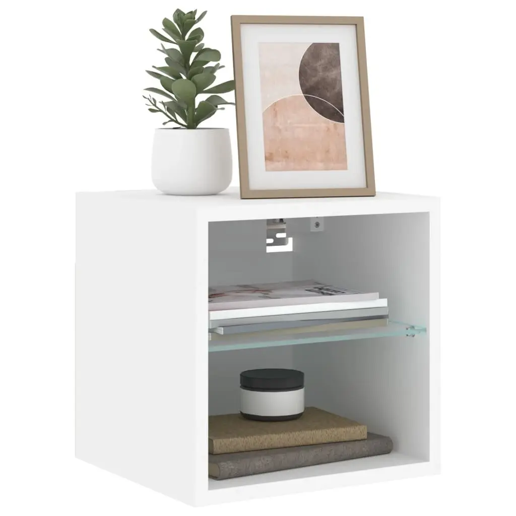 TV Wall Cabinet White Floating Storage Unit with RGB LED Lights 30 x 28.5 x 30 cm Engineered Wood and Glass Shelf 2 Piece