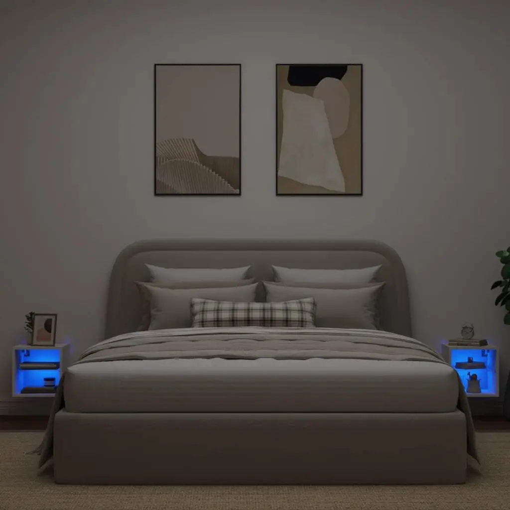 TV Wall Cabinet White Floating Storage Unit with RGB LED Lights 30 x 28.5 x 30 cm Engineered Wood and Glass Shelf 2 Piece