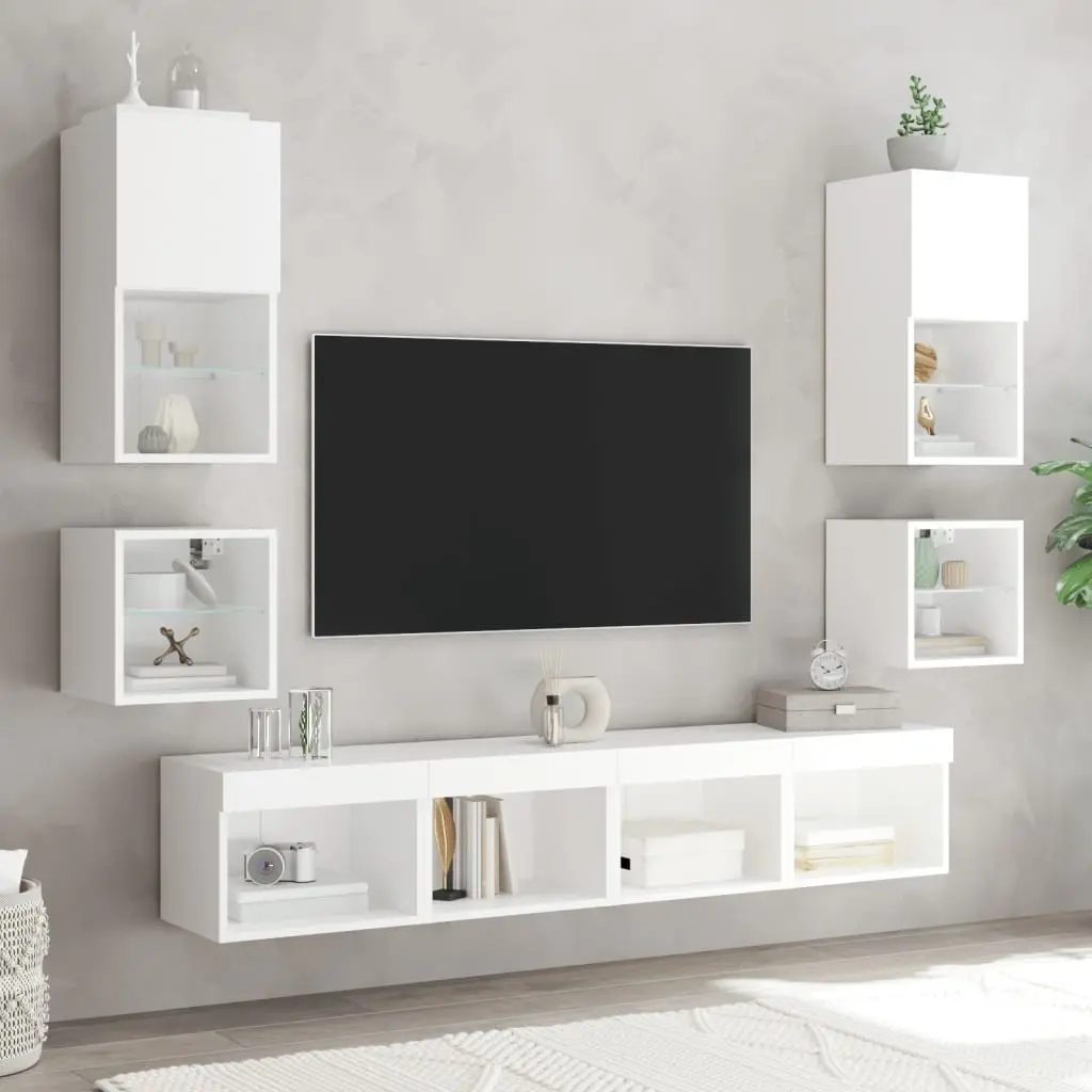 TV Wall Cabinet White Floating Storage Unit with RGB LED Lights 30 x 28.5 x 30 cm Engineered Wood and Glass Shelf 2 Piece