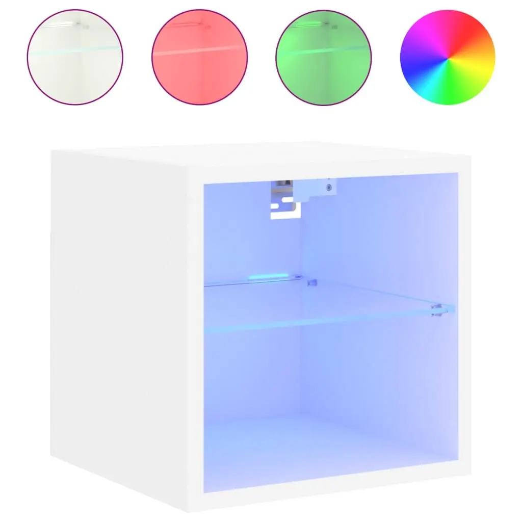 TV Wall Cabinet White Floating Storage Unit with RGB LED Lights 30 x 28.5 x 30 cm Engineered Wood and Glass Shelf 2 Piece