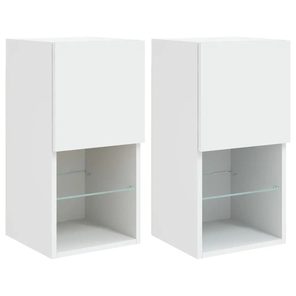 TV Cabinets Wall-Mounted White RGB LED Lights Media Storage Units Set of 2