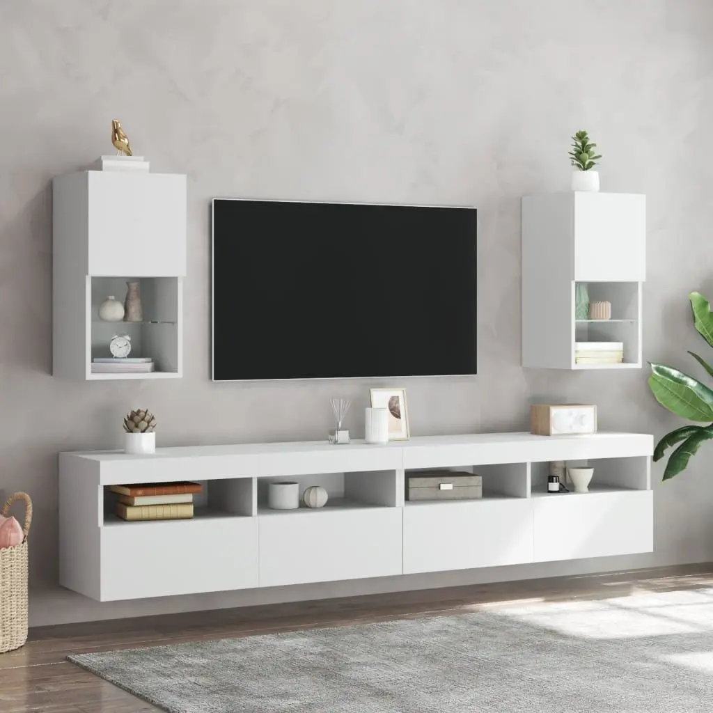 TV Cabinets Wall-Mounted White RGB LED Lights Media Storage Units Set of 2