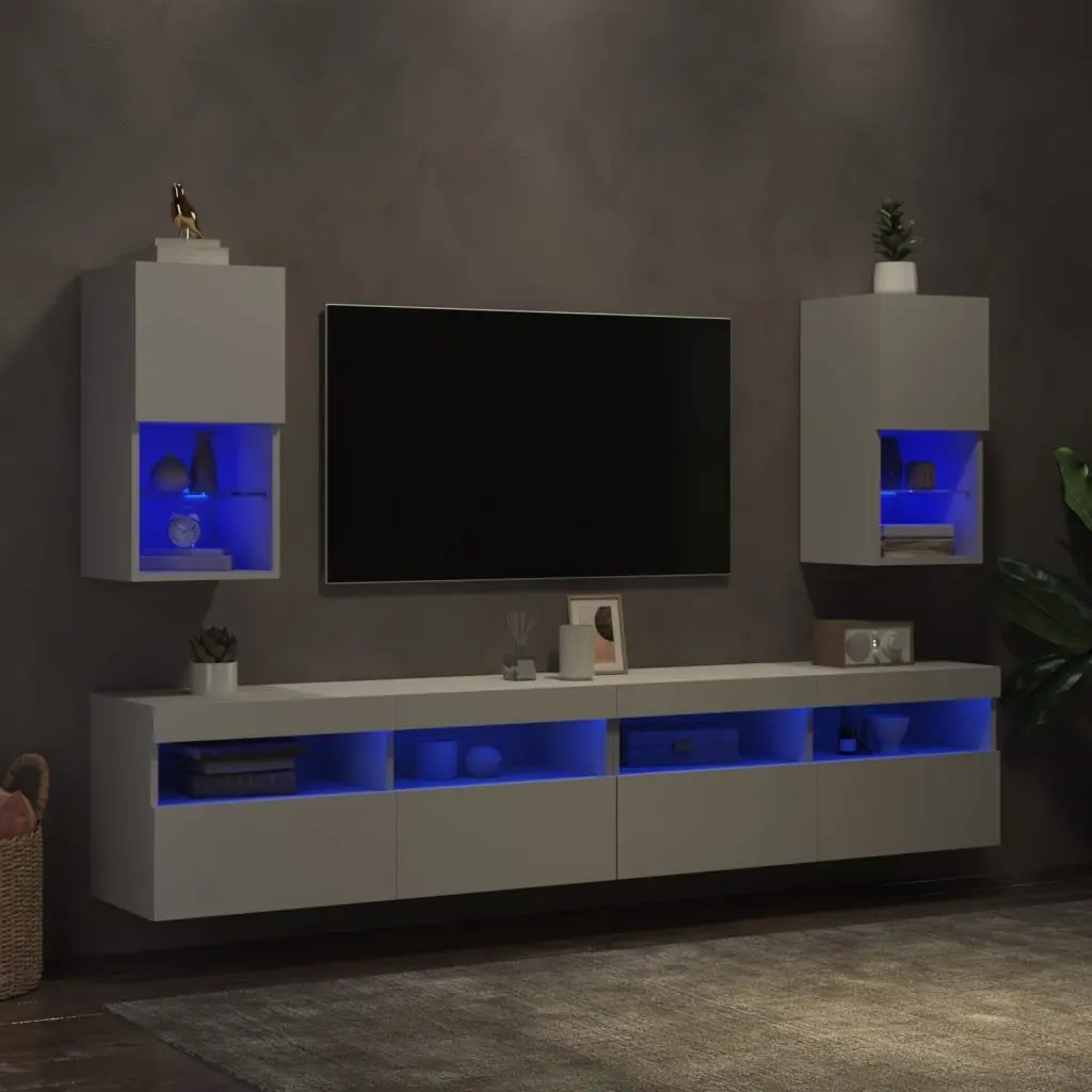 TV Cabinets Wall-Mounted White RGB LED Lights Media Storage Units Set of 2