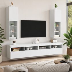 Wall-Mounted TV Cabinet with RGB LED Lights in White