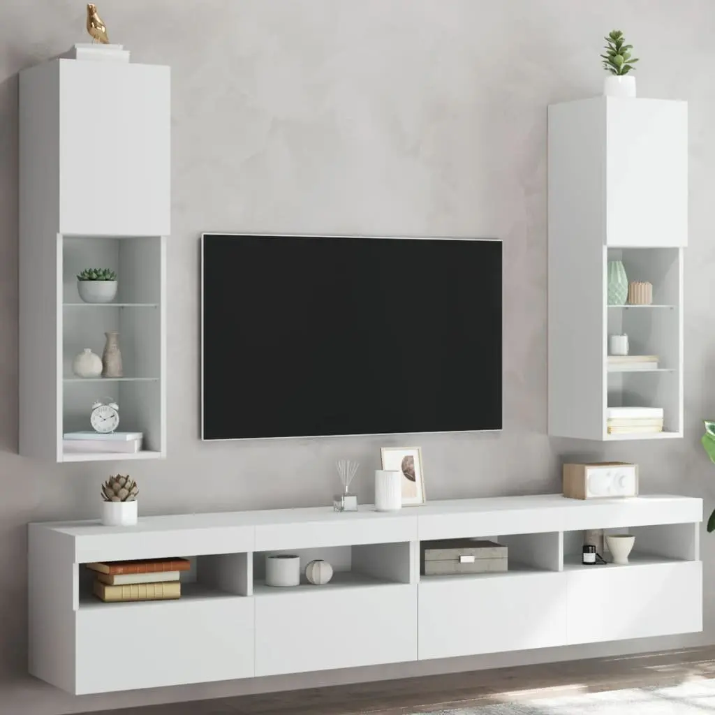 Wall-Mounted TV Cabinet with RGB LED Lights in White
