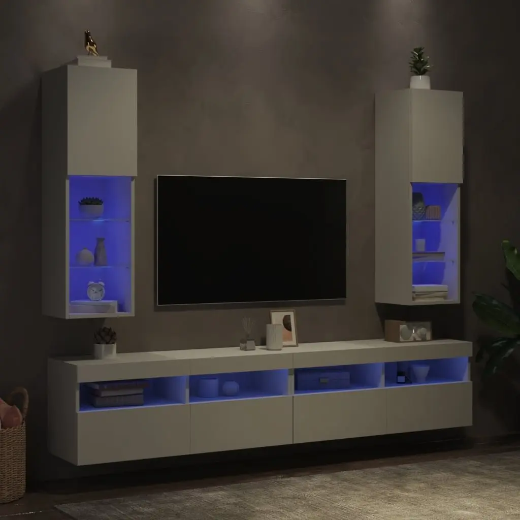 Wall-Mounted TV Cabinet with RGB LED Lights in White