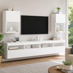 Wall-Mounted White TV Cabinet with RGB LED Lights