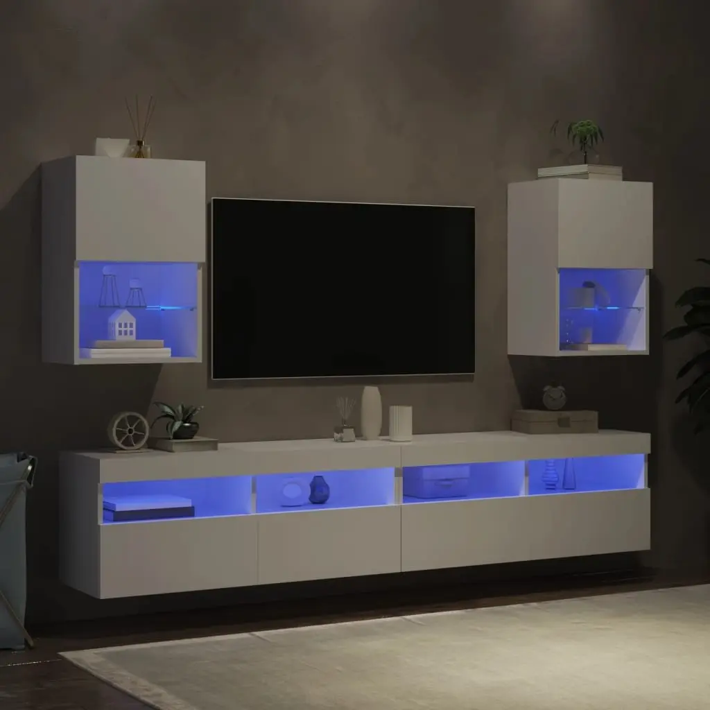 TV Cabinet Wall-Mounted White 2 Piece Engineered Wood with RGB LED Lights