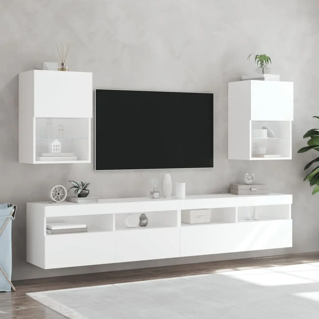 TV Cabinet Wall-Mounted White 2 Piece Engineered Wood with RGB LED Lights