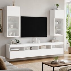 White Wall-Mounted TV Cabinets with RGB LED Lights