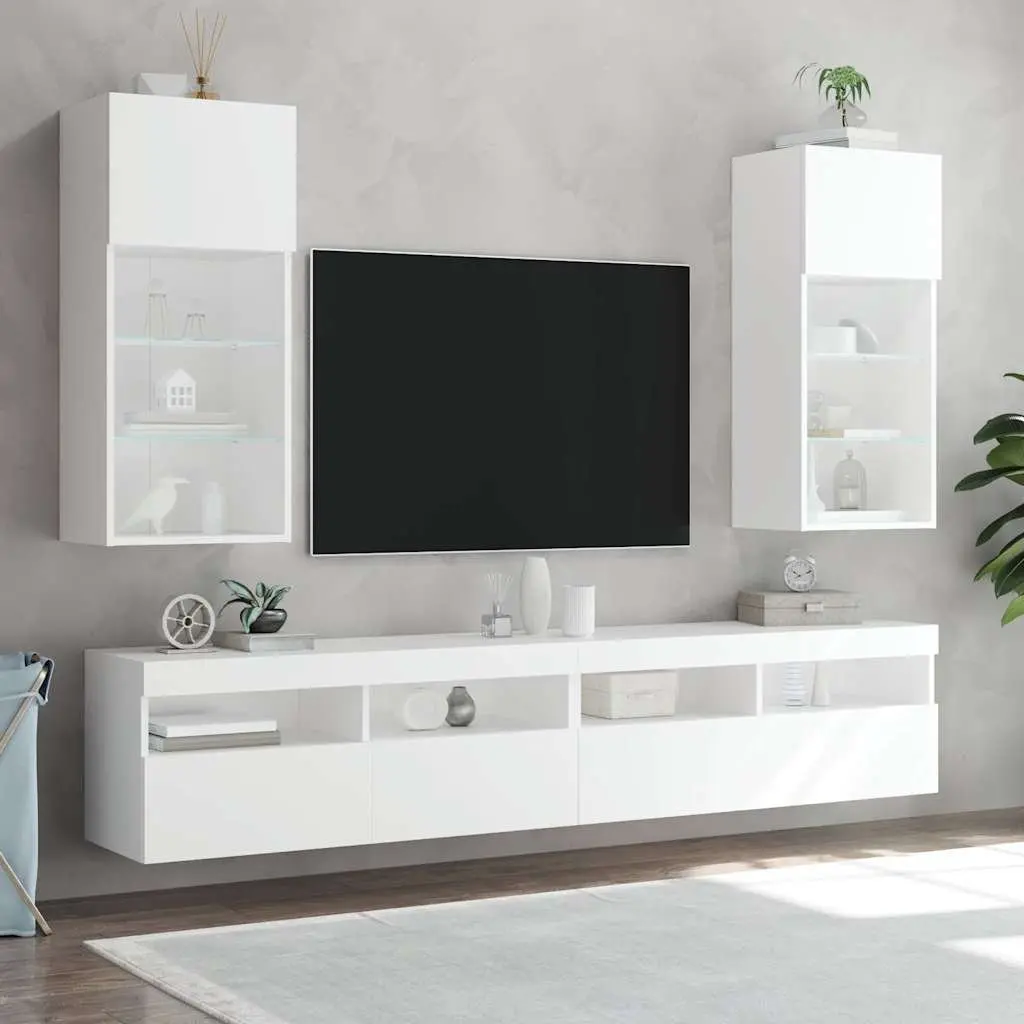 TV Cabinets White Wall-Mounted 40.5x30x90cm Engineered Wood with RGB LED Lights Set of 2