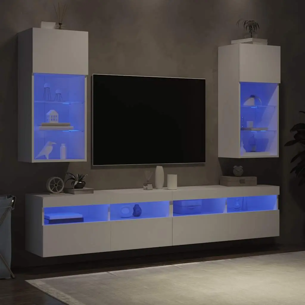 TV Cabinets White Wall-Mounted 40.5x30x90cm Engineered Wood with RGB LED Lights Set of 2