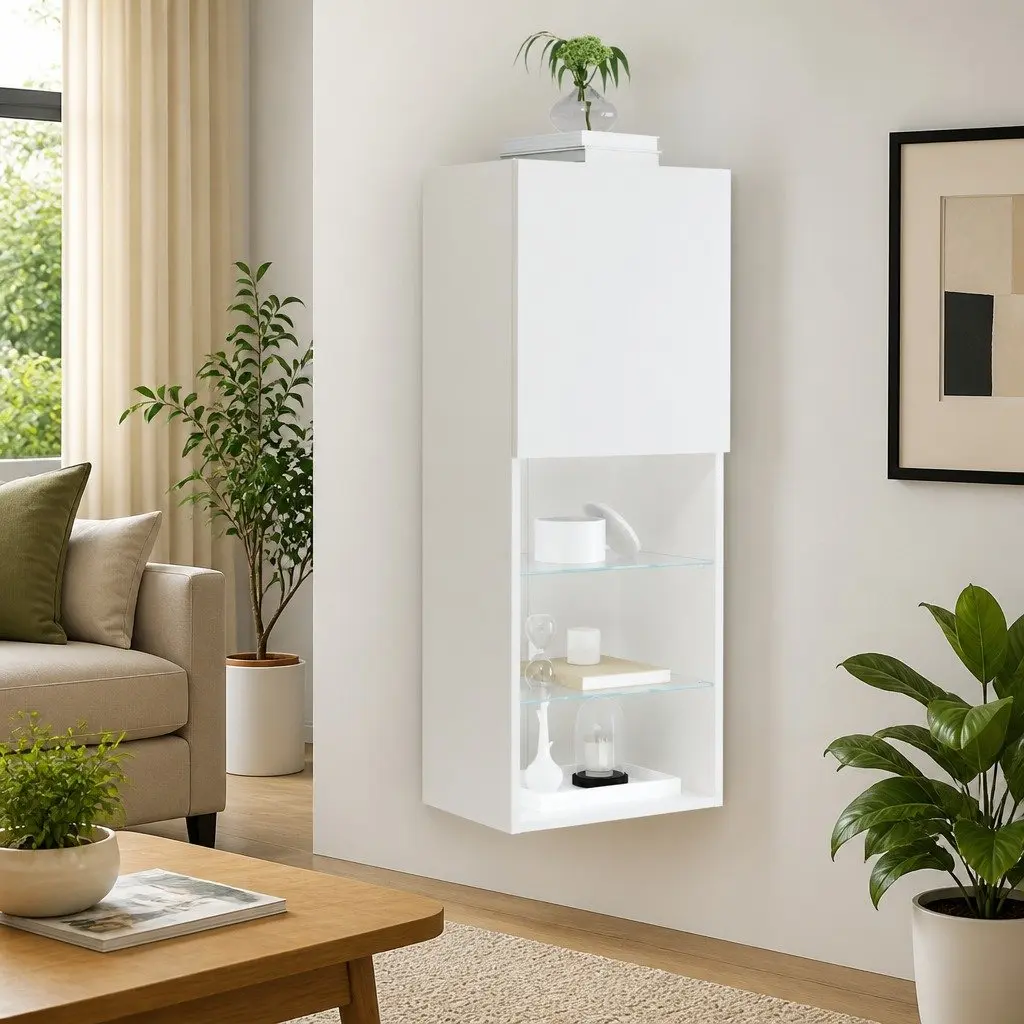 TV Cabinet RGB LED Lights White Wall-Mounted Entertainment Unit Storage Engineered Wood 40.5 x 30 x 102 cm
