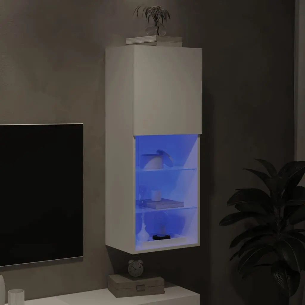 TV Cabinet RGB LED Lights White Wall-Mounted Entertainment Unit Storage Engineered Wood 40.5 x 30 x 102 cm