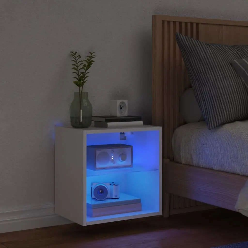 Bedside Cabinet Wall-mounted White Engineered Wood with RGB LED Lights
