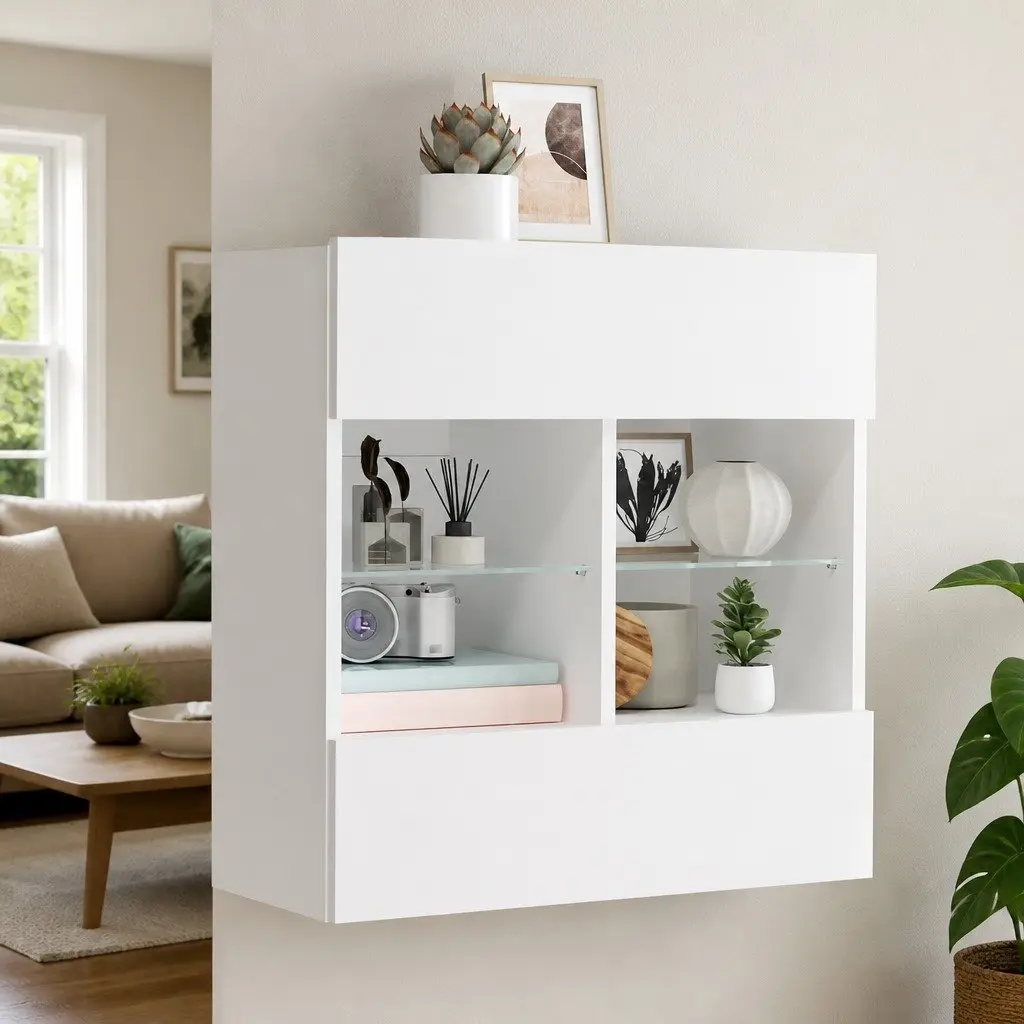 White TV Wall Cabinet Floating Shelves RGB LED Lights Engineered Wood 58.5 x 30 x 60.5 cm