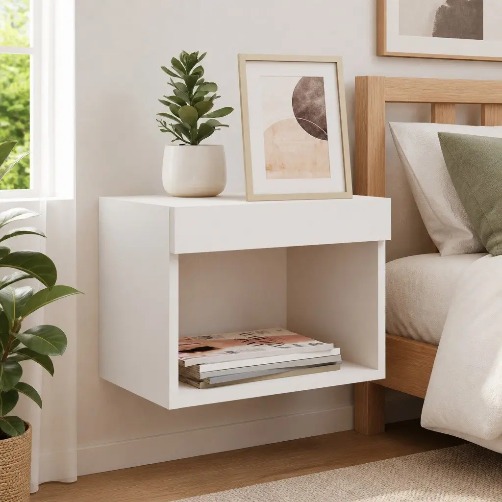 Wall-mounted Bedside Cabinet White RGB LED Lights Engineered Wood