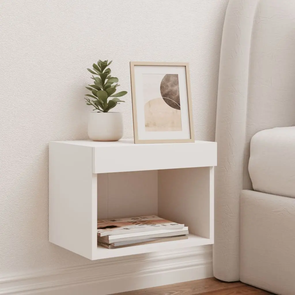 Wall-mounted Bedside Cabinet White RGB LED Lights Engineered Wood