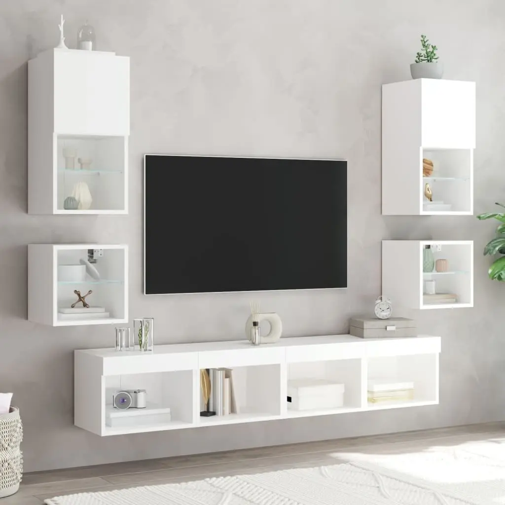 Wall-mounted Bedside Cabinet White RGB LED Lights Engineered Wood
