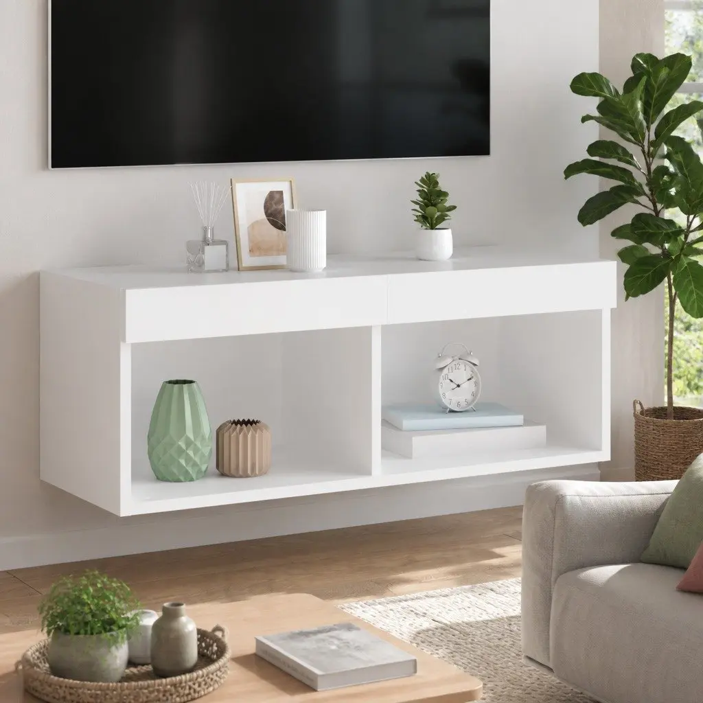TV Cabinet with RGB LED Lights Wall-Mounted Media Storage Unit White 80x30x30cm