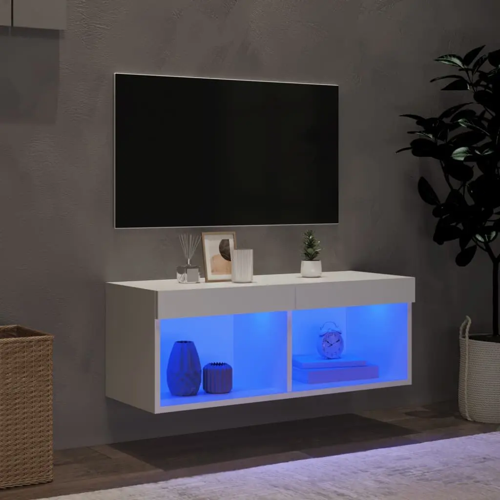 TV Cabinet with RGB LED Lights Wall-Mounted Media Storage Unit White 80x30x30cm