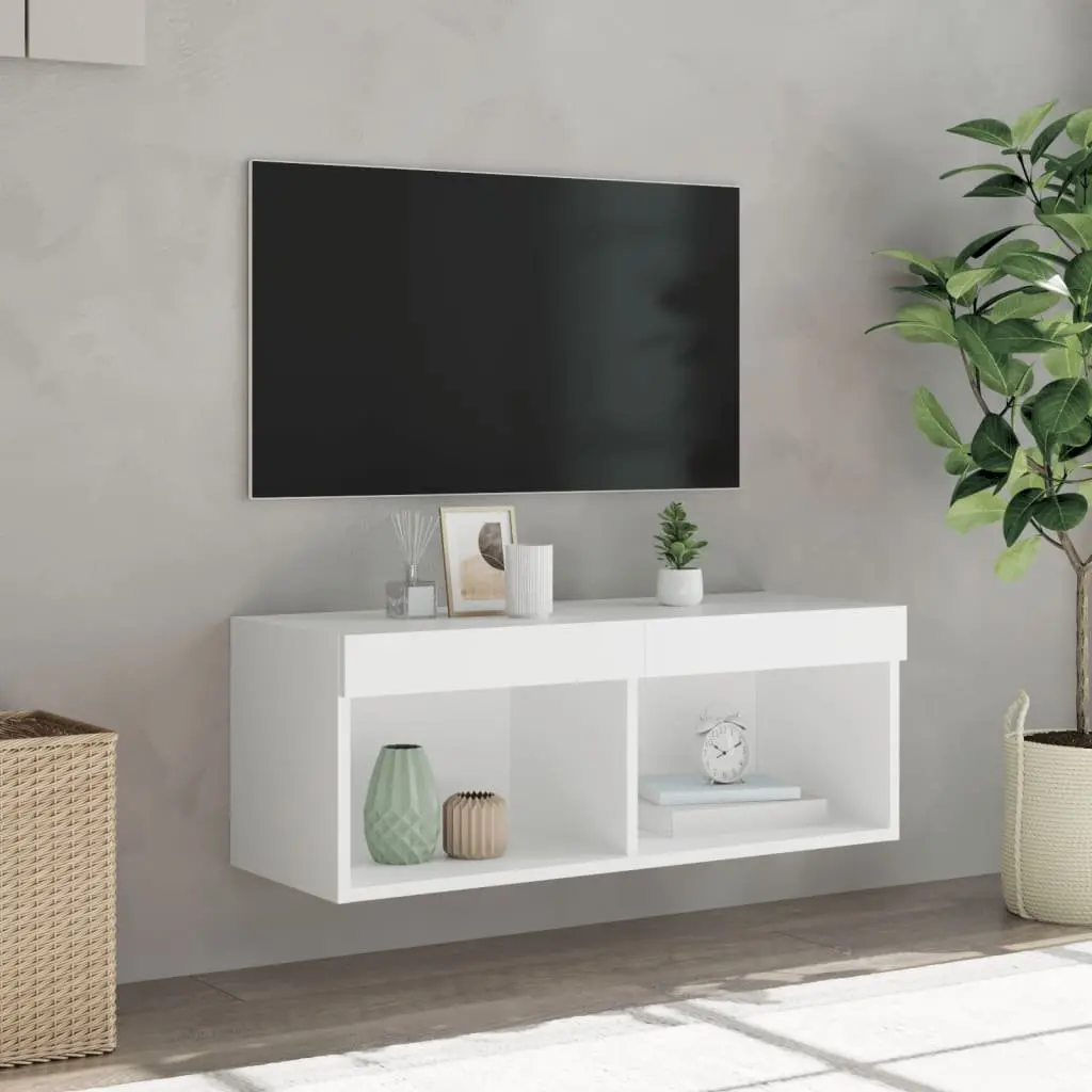 TV Cabinet with RGB LED Lights Wall-Mounted Media Storage Unit White 80x30x30cm