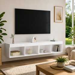 White Wall-Mounted TV Cabinet with RGB LED Lights Set