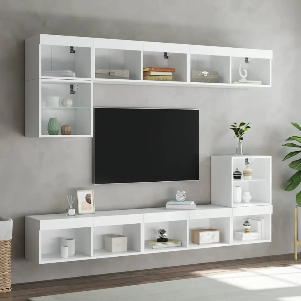 White Wall-Mounted TV Cabinet with RGB LED Lights Set