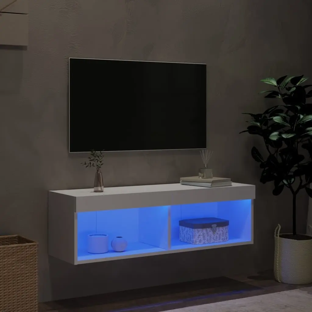 TV Cabinet Wall-Mounted White 100x30x30cm Engineered Wood with RGB LED Lights