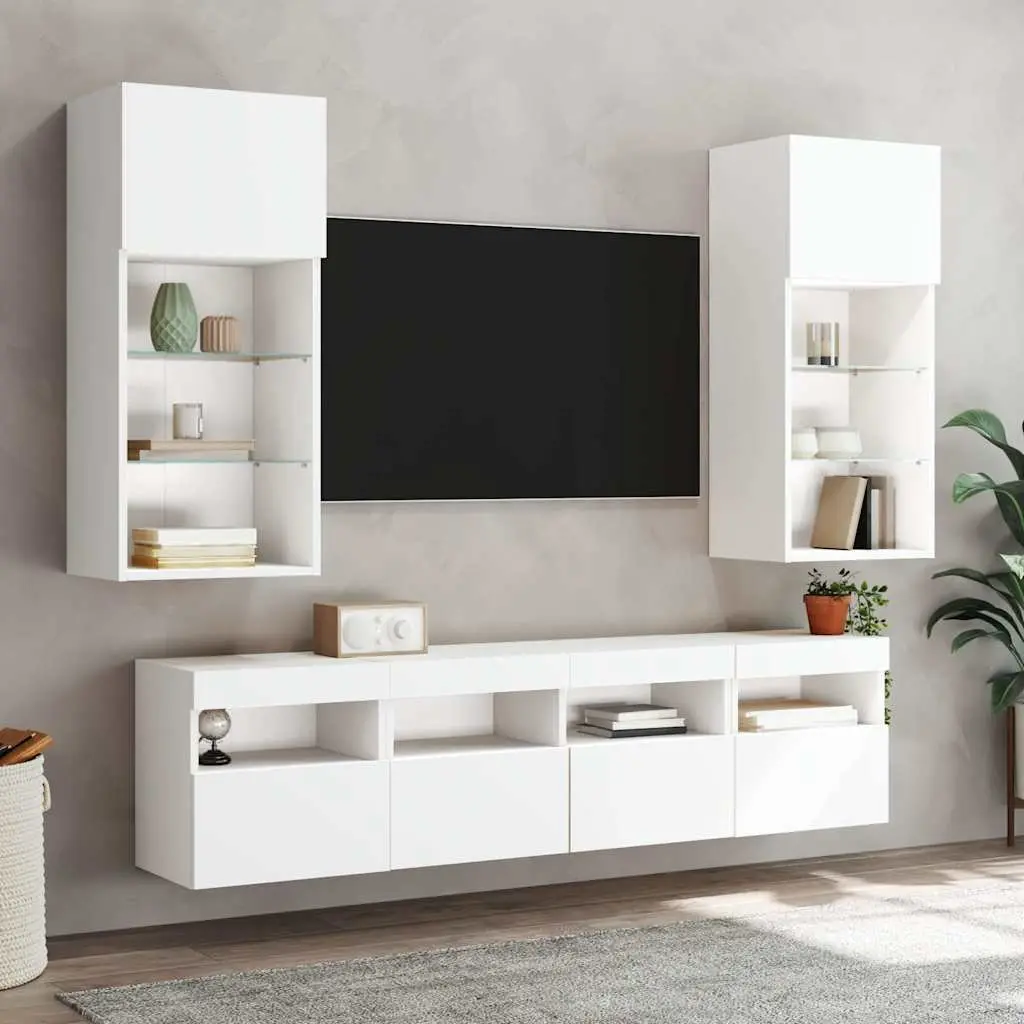 TV Wall Cabinets Floating Storage Unit White 2 Piece Engineered Wood with RGB LED Lights