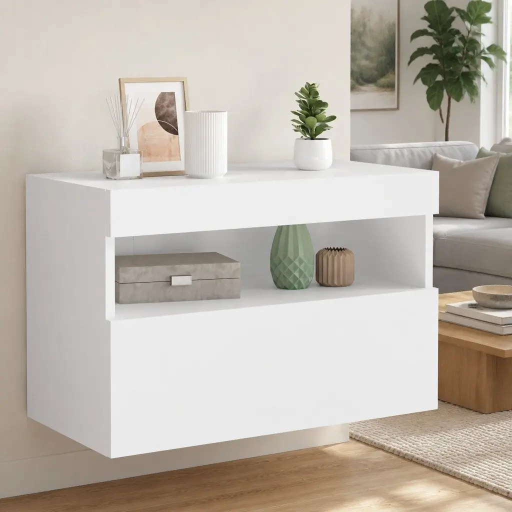 TV Wall Cabinet White 60x30x40 cm Floating Media Unit Engineered Wood RGB LED Lights