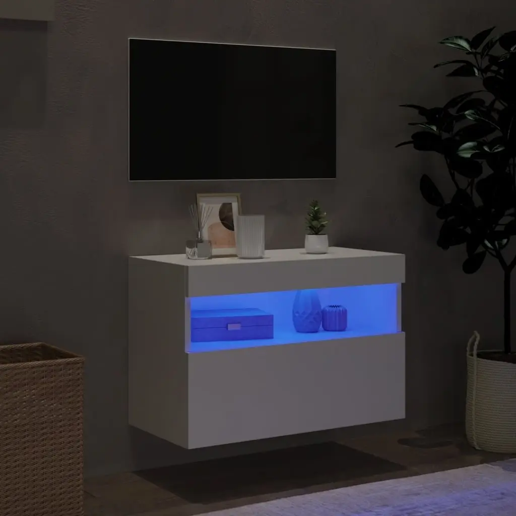 TV Wall Cabinet White 60x30x40 cm Floating Media Unit Engineered Wood RGB LED Lights
