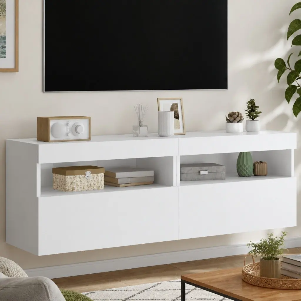 TV Wall Cabinet RGB LED Lights White Floating Storage Unit 60x30x40cm Engineered Wood