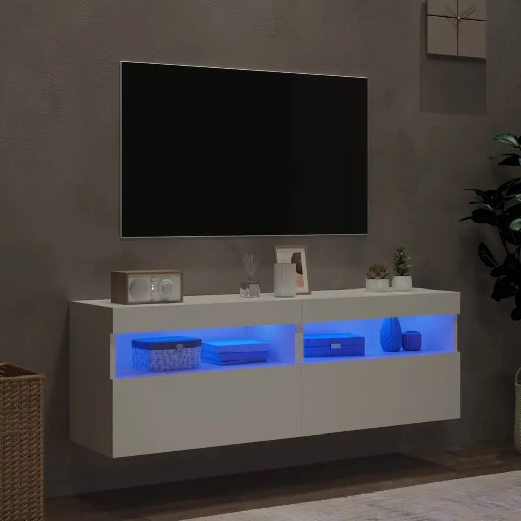 TV Wall Cabinet RGB LED Lights White Floating Storage Unit 60x30x40cm Engineered Wood