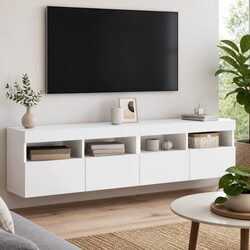 Elegant White TV Wall Cabinet with RGB LED Lights