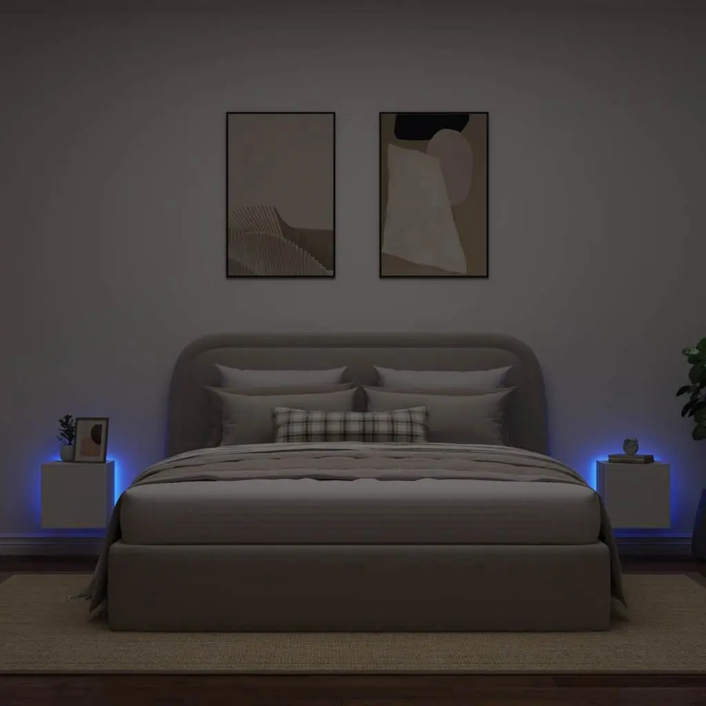 TV Wall Cabinets White Floating Media Storage Unit 2 pcs Engineered Wood with RGB LED Lights
