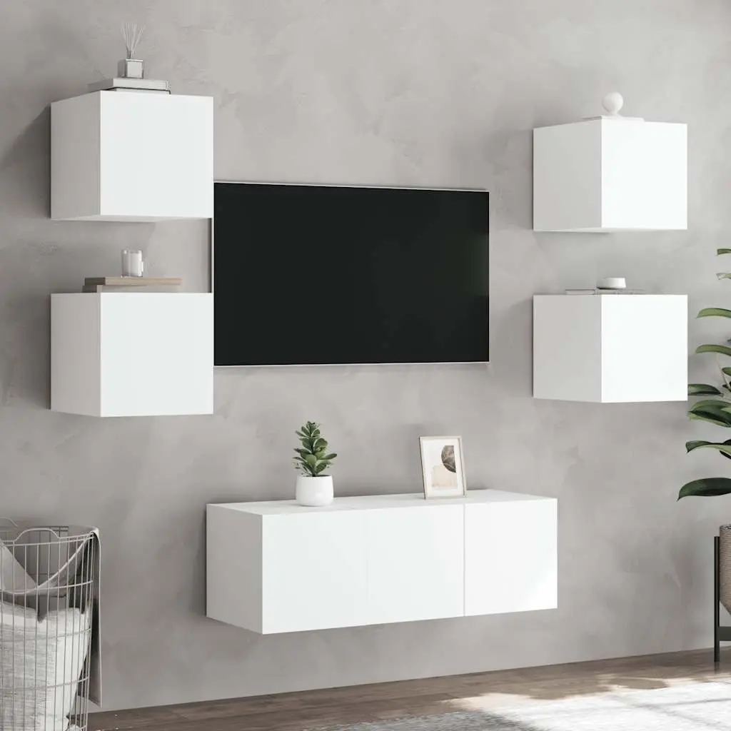 TV Wall Cabinets White Floating Media Storage Unit 2 pcs Engineered Wood with RGB LED Lights