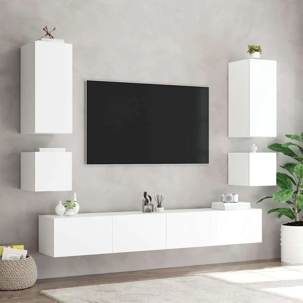 TV Wall Cabinets White Floating Media Storage Unit with RGB LED Lights 2 pcs Engineered Wood 40.5 x 35 x 40 cm