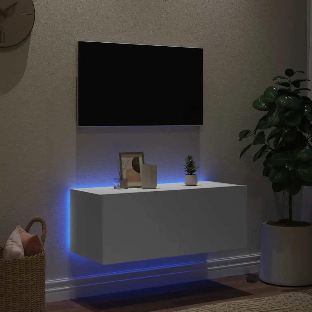 Floating Media Unit with RGB LED Lights in White