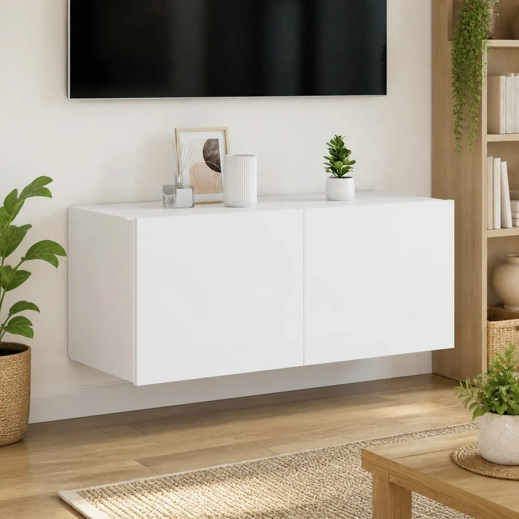 TV Wall Cabinet White LED Lights Floating Media Console Shelf Engineered Wood 80 x 35 x 41 cm
