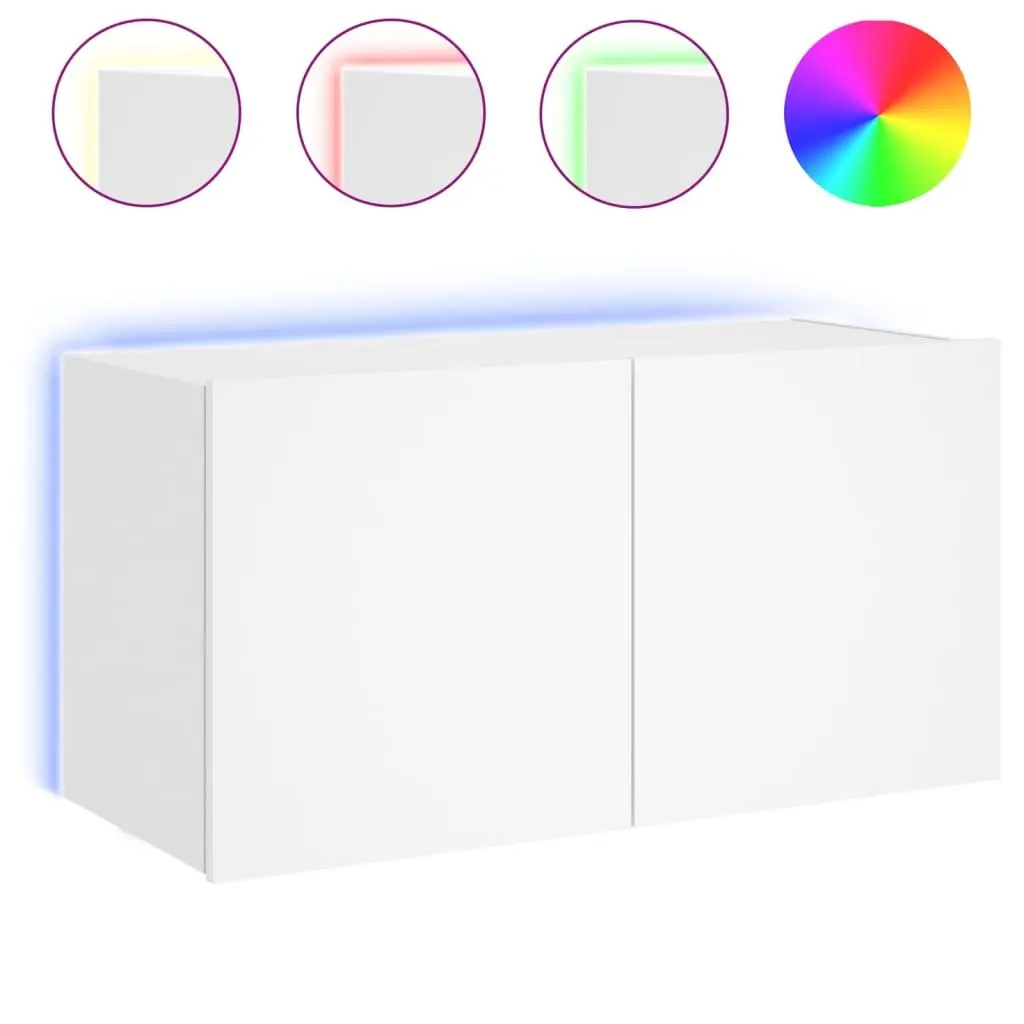 TV Wall Cabinet White LED Lights Floating Media Console Shelf Engineered Wood 80 x 35 x 41 cm