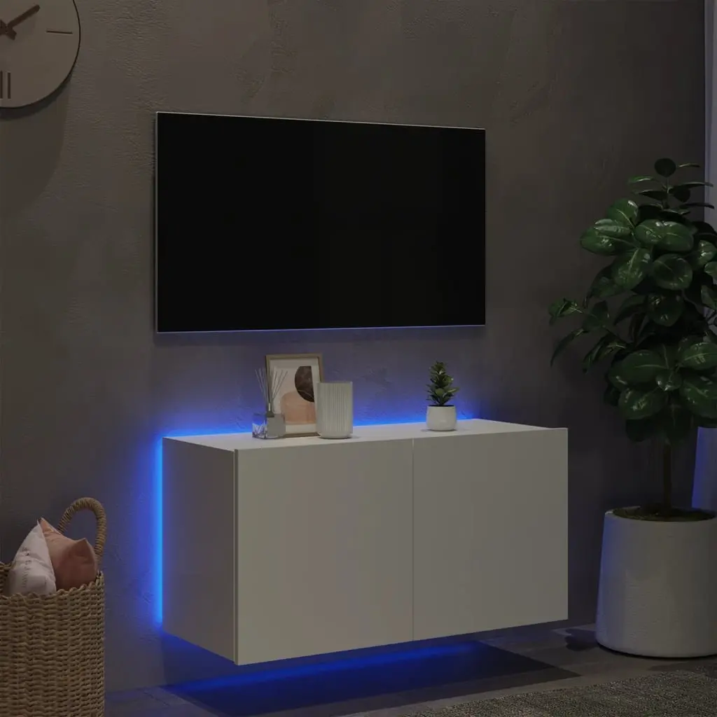 TV Wall Cabinet White LED Lights Floating Media Console Shelf Engineered Wood 80 x 35 x 41 cm