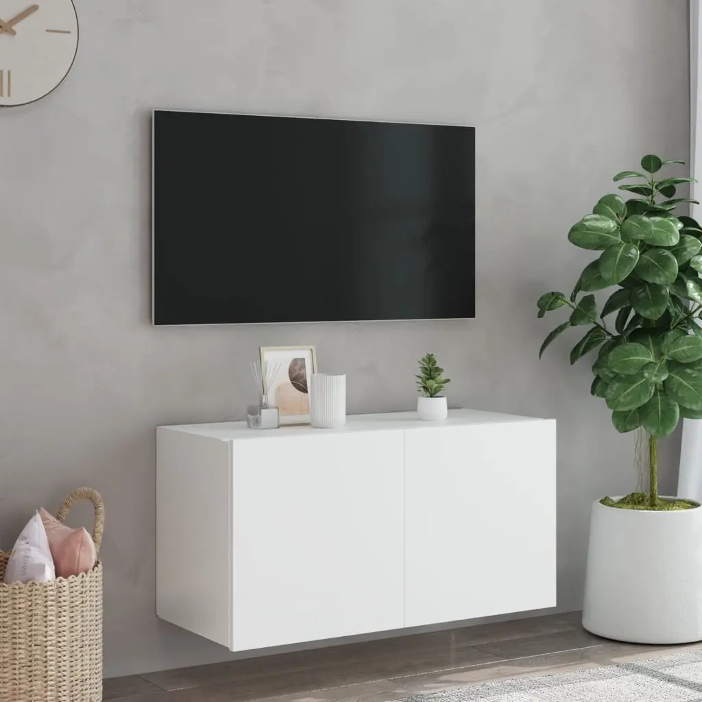 TV Wall Cabinet White LED Lights Floating Media Console Shelf Engineered Wood 80 x 35 x 41 cm