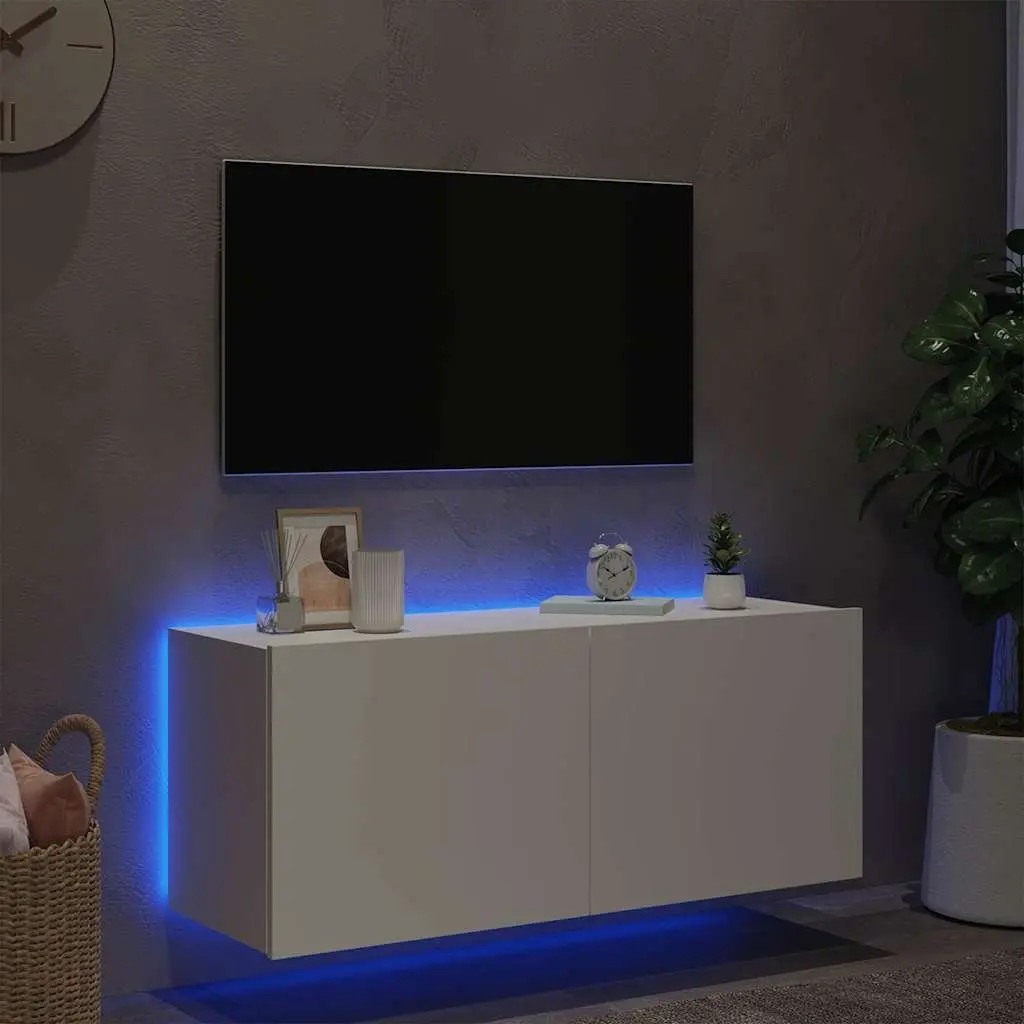 Floating Media Unit with RGB LED Lights in White