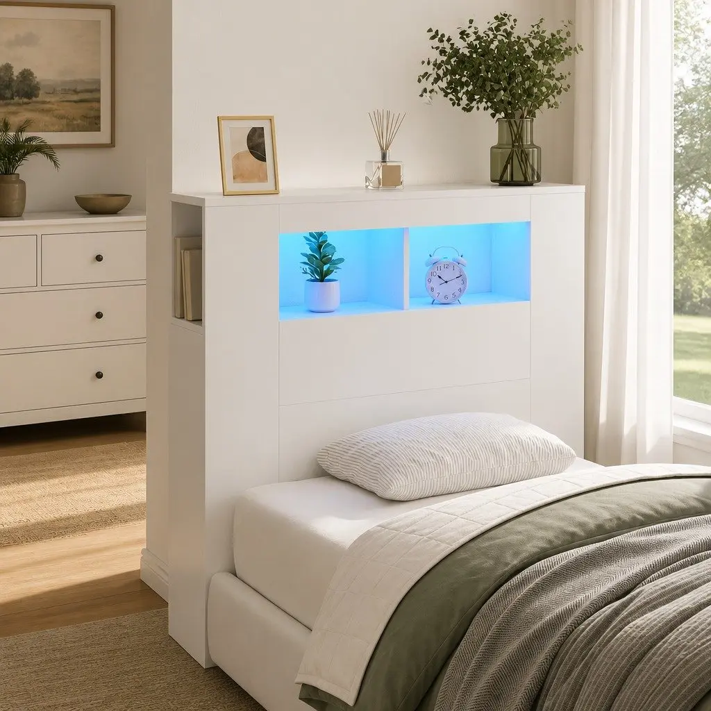 LED Headboard White 100cm Modern Bedroom Engineered Wood RGB Lights Wall Mount