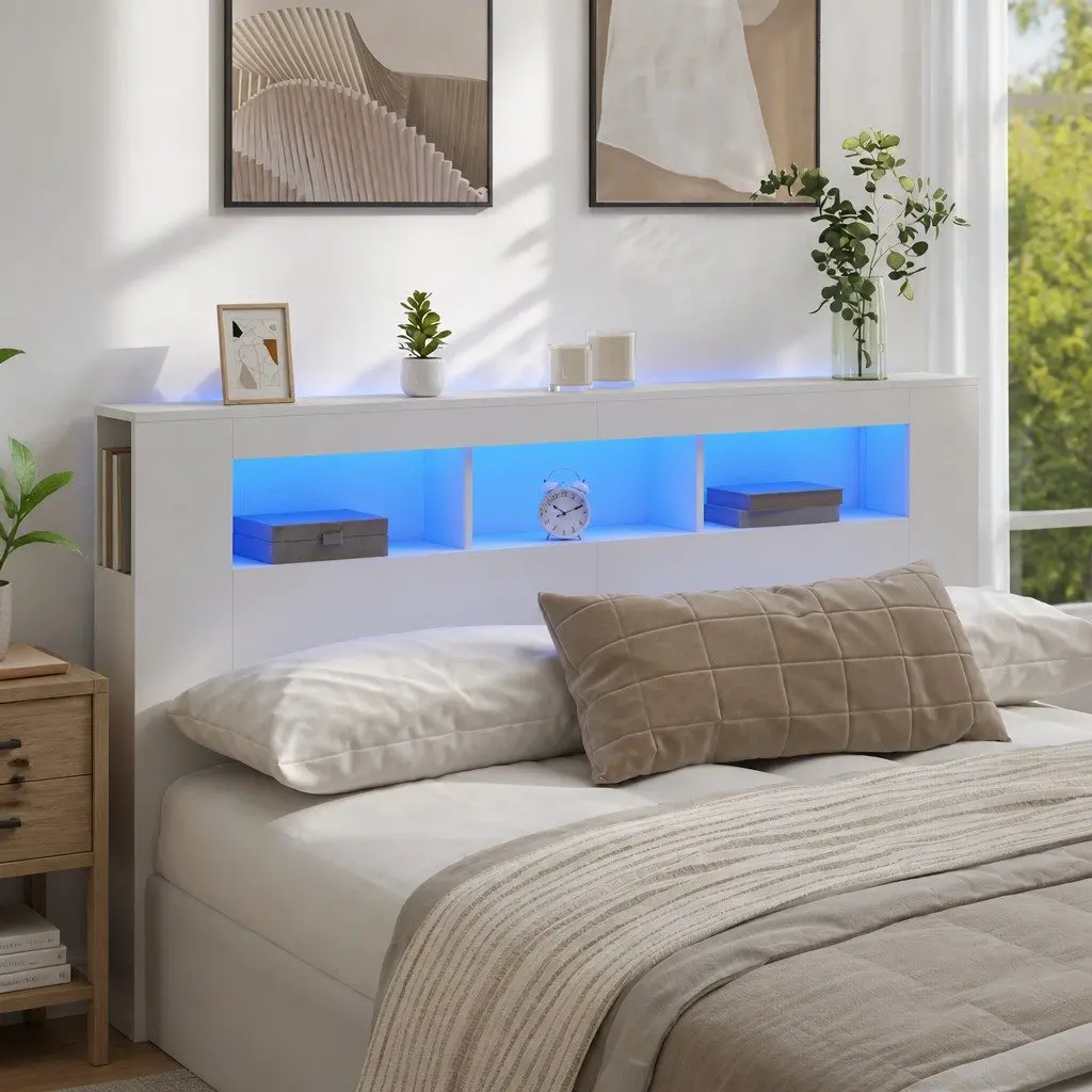 LED Headboard White 180cm Modern Engineered Wood with RGB Lights and Storage Top