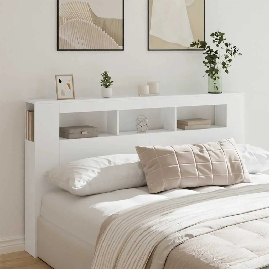 LED Headboard White 180cm Modern Engineered Wood with RGB Lights and Storage Top