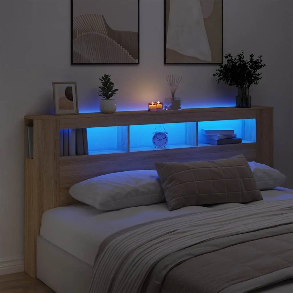 Brown LED Headboard with RGB Lights and Storage